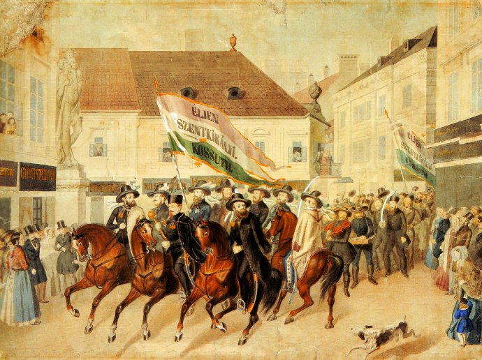 Szentkirályi Móric és Kossuth Lajos parlamenti képviselőjelöltek választási menete a pesti Kristóf téren a választási kampány idején (Barabás Miklós akvarellje, 1848 k.). Forrás - Wikimedia Commons