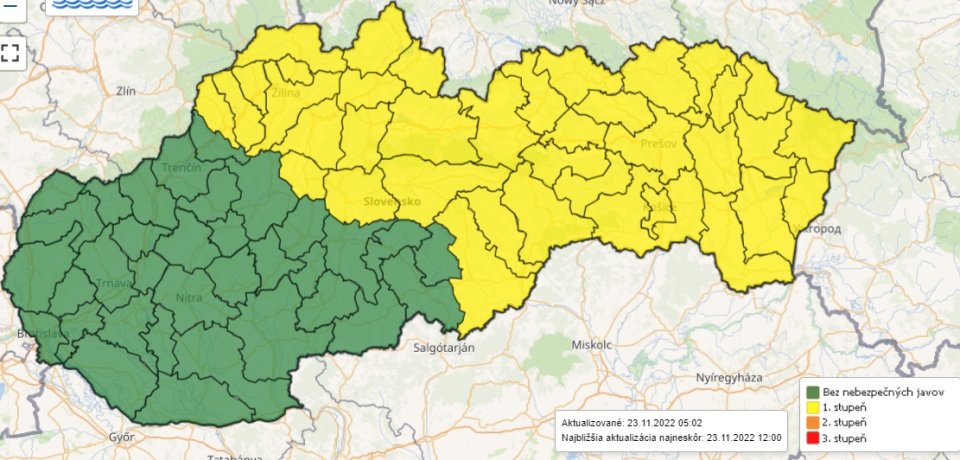 Na väčšine stredného a východného Slovenska platí výstraha pred poľadovicou. Zdroj - SHMÚ