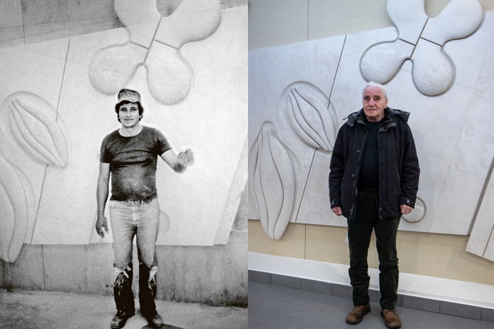 Juraj Gavula stojí pred reliéfom pre Figaro v roku 1982 a dnes. Foto N - Tomáš Benedikovič