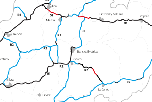 Modrou plánované, čiernou hotové a červenou rozostavané úseky diaľnic a rýchlostných ciest.