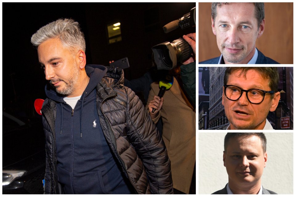 Župan Rastislav Trnka po rozhodnutí o nevzatí do väzby a jeho podporovatelia: predseda KDH Milan Majerský, predseda Šance a primátor Prešova František Oľha a líder Košickej strany Ladislav Lörinc. Foto – N a TASR