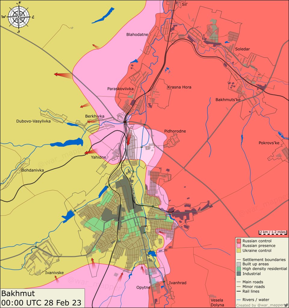 Mapa približnej situácie v okolí mesta Bachmut. Zdroj - twitter.com/War Map