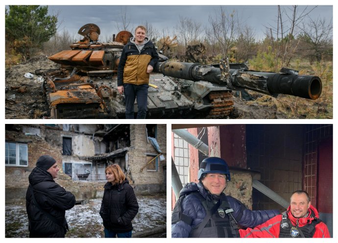 Vojtěch Boháč, Petra Procházková a Martin Dorazín pri práci na Ukrajine. Foto - Majda Slámová, Gabriel Kuchta, osobný archív Martina Dorazína