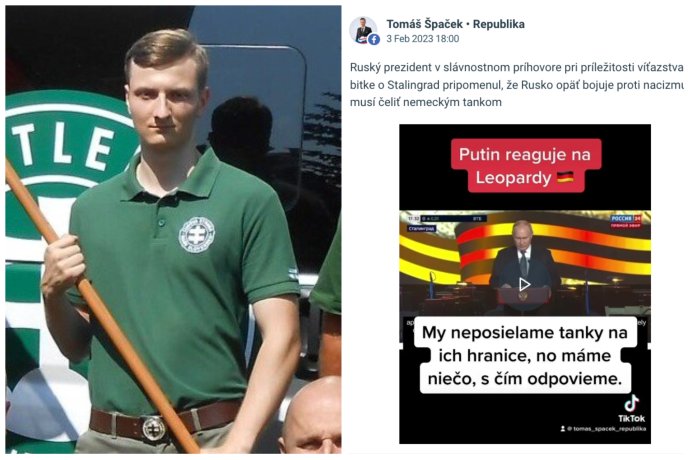 Vľavo: Asistent poslanca Miroslava Urbana ešte v tričku ĽSNS, Vpravo: otitulkovaný prejav Putina k výročiu stalingradskej bitky bol jedným z jeho najúspešnejších príspevkov.