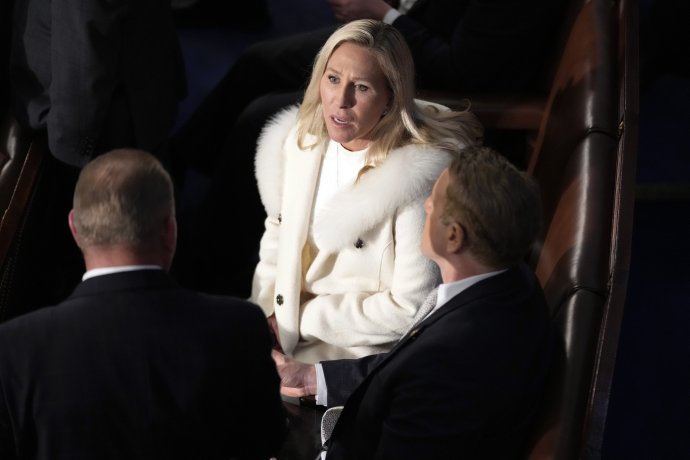 Marjorie Taylorová Greenová počas Bidenovej Správy o stave únie. Foto - TASR/AP
