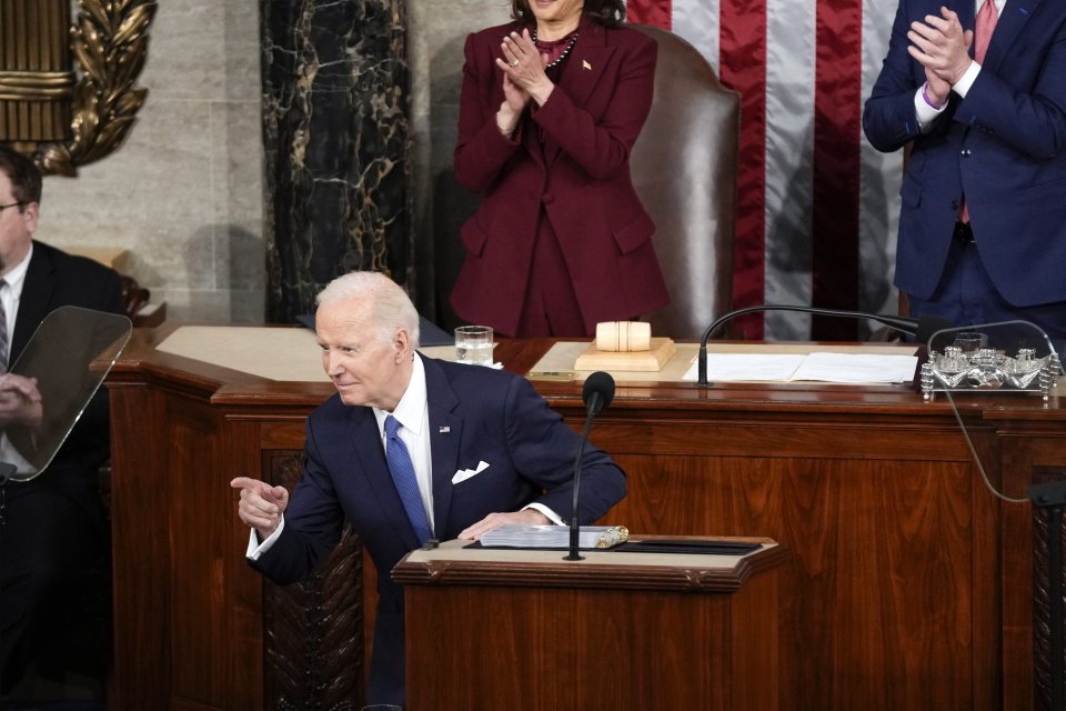 President Joe Biden points as he delivers the State of the Union address to a joint session of Congress at the U.S. Capitol, Tuesday, Feb. 7, 2023, in Washington. (AP Photo/Patrick Semansky)