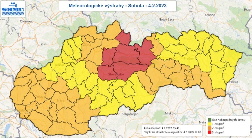 Na celom území platia výstrahy pred vetrom, na horách hrozí orkán. Zdroj - SHMÚ