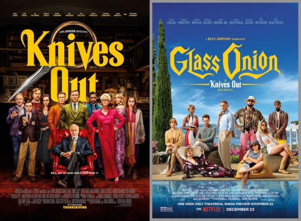 oficiálne Plagáti k obom doterajším Filmom s „veľkím Detektívom“ Benoitom Blancom: vľavo Na Nože (Knives Out, 2019) a vpravo Skľená Cibuľa (Glass Onion, 2022)