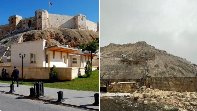 Hrad v Gaziantepe pred a po zemetrasení. Foto - Twitter