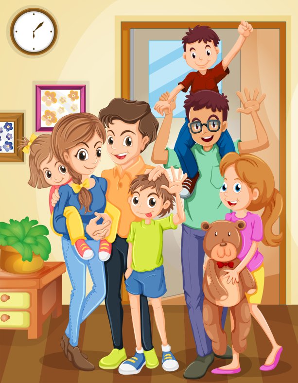 Family standing in the living room illustration