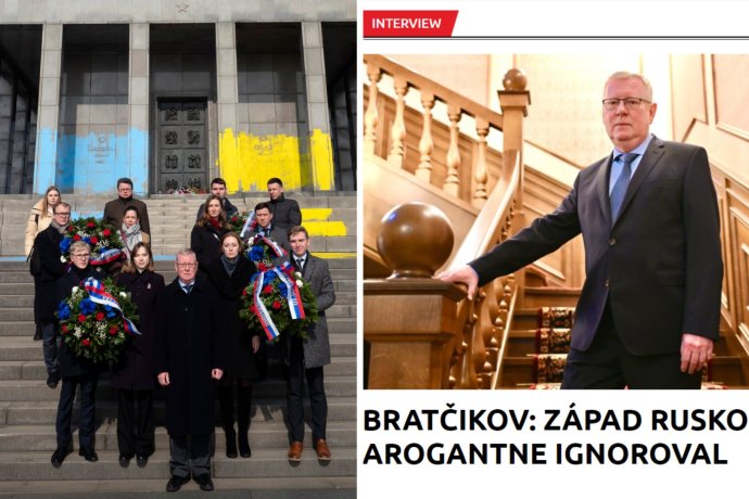 Jedným z najúspešnejších príspevkov ruskej ambasády sa týkal Slavína (vľavo). Najnovšie sa pochválila rozhovorom v konšpiračnom časopise Extra Plus (vpravo).