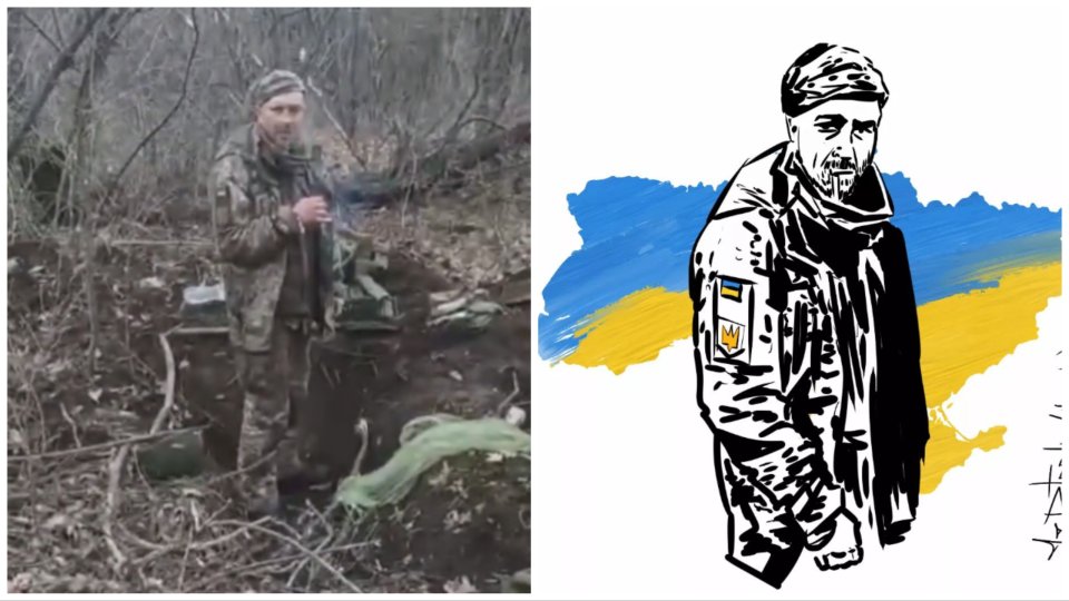 Ukrajinský vojak Tymofij Mykolajovič Šadura. Foto - Twitter, Ilustrácia - Andrij Petrenko