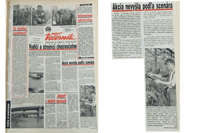 Večerník z 28. marca 1988 na titulke zverejnil fotografie z brigády na sídlisku, stúpajúcej hladiny riek a oberačku uhoriek. Sviečkovú manifestáciu označil za neúspešnú. Reprofoto N
