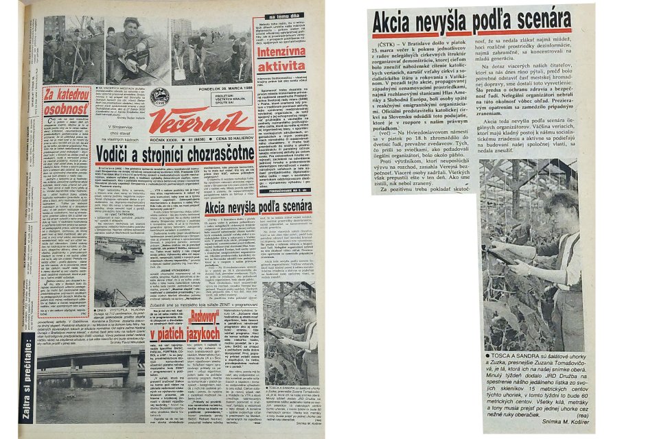 Večerník z 28. marca 1988 na titulke zverejnil fotografie z brigády na sídlisku, stúpajúcej hladiny riek a oberačku uhoriek. Sviečkovú manifestáciu označil za neúspešnú. Reprofoto N