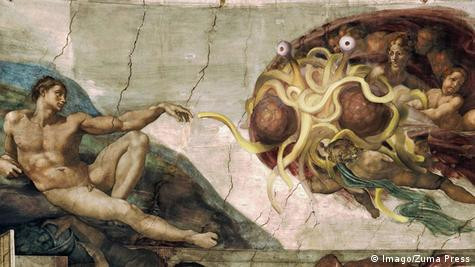 Adam reaches out to the almighty Flying Spaghetti Monster in a fresco Image: Imago/Zuma Press