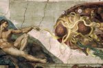 Adam reaches out to the almighty Flying Spaghetti Monster in a fresco Image: Imago/Zuma Press