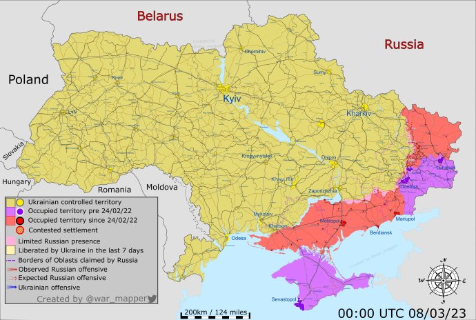 Ukrajna 2023. március 8-án. Forrás - Twitter/War Mapper