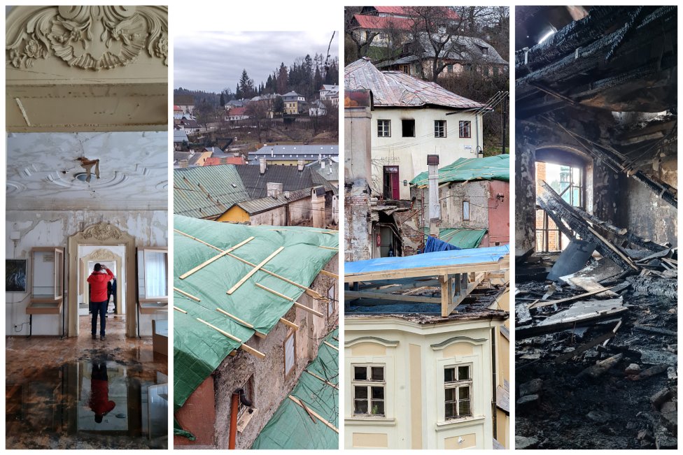 Interiér banského múzea zničený plameňmi a vodou a dočasné strechy v Banskej Štiavnici. Foto – Lukáš Rohárik a Mária Flórová