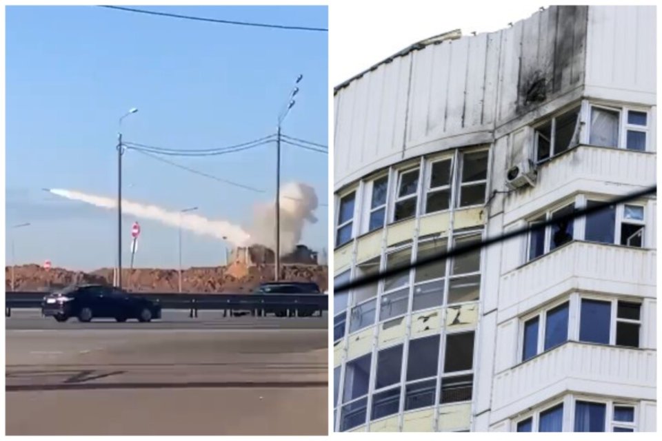 Naľavo: ruský protiletecký systém Pancir zasahuje proti dronom, napravo poškodená bytovka v Moskve. Foto - AP