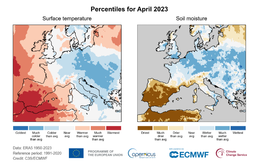 Európa v apríli 2033: teplota vzduchu a vlhkosť pôdy. Zdroj - Copernicus