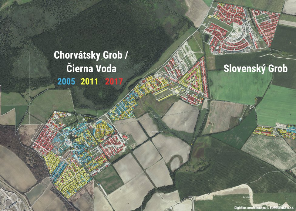 Príkladom masívneho rastu v zázemí Bratislavy môže byť oblasť Chorvátskeho Grobu. Digitálna ortofotomapa © EUROSENSE s. r. o.