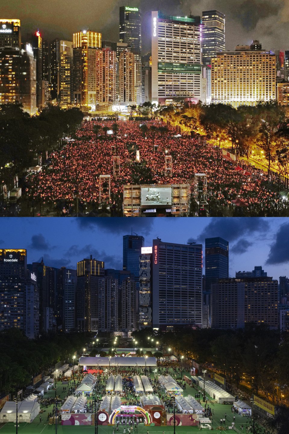 Hong Kong nenechal nič na náhodu: vo Victoria Parku, kde sa v minulosti konali spomienky na Tchien-an-men (hore), tento rok na výročie organizovali veľtrh venovaný čínskym produktom (dolu). Foto - tasr/ap