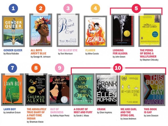 Zoznam kníh, ktoré v Spojených štátoch minulý rok najčastejšie čelili snahám o odstránenie zo školských a verejných knižníc. Grafika - American Library Association