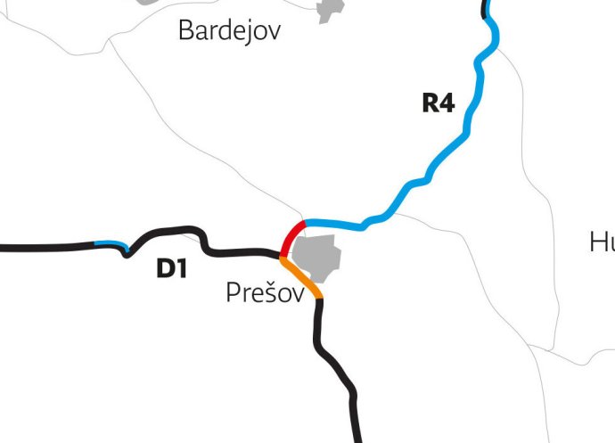 Čiernou sú hotové úseky diaľnic a rýchlostných ciest, modrou plánované s druhou etapou severného obchvatu. Oranžový je juhozápadný obchvat odovzdaný v roku 2021, červená je rozostavaná prvá etapa severného obchvatu.
