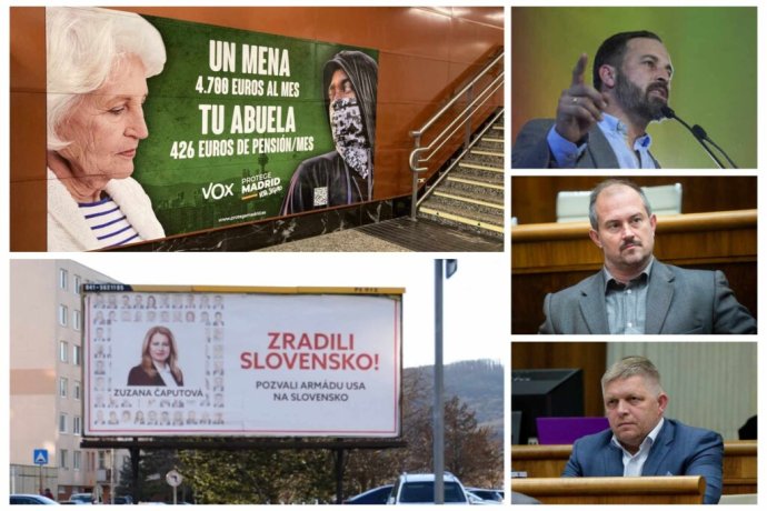 Vľavo hore bilbord španielskej strany Vox útočiaci na neplnoletých migrantov, dole bilbord strany Smer útočiaci na prezidentku Čaputovú. Vpravo hore líder španielskej ultrapravicovej strany Vox, v strede Marián Kotleba a dole Robert Fico. Foto: TASR/AP, Denník N, Twitter