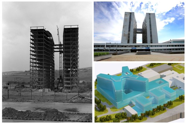 Rooseveltova nemocnica pri výstavbe v roku 1970, teraz v ošarpanom stave a zatiaľ len približná vizualizácia výstavby nového areálu. Foto – archív TASR, N a FNsP F. D. Roosevelta