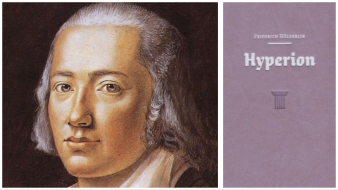 Friedrich Hölderlin (portrét od Franza Karla Hiemera, 1792) a slovenský preklad jeho románu Hyperion.