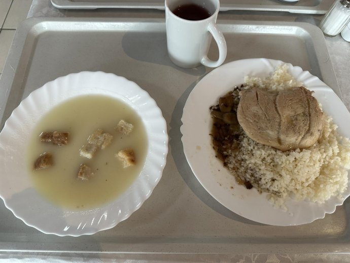 Pondelkový obed v nemocnici na Antolskej. Kurací steak so šampiňónmi s ryžou a cesnaková polievka. Foto - Denník N