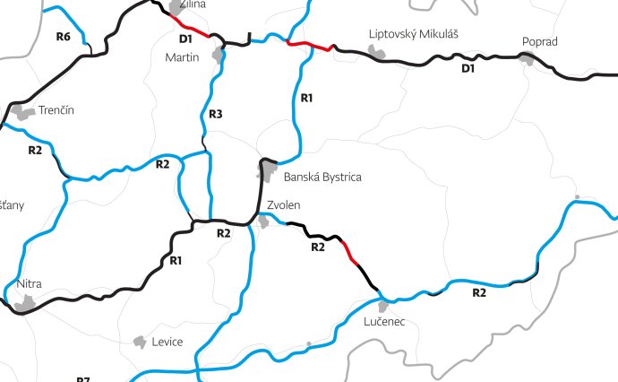 Modrou plánované, čiernou hotové a červenou rozostavané úseky diaľnic a rýchlostných ciest