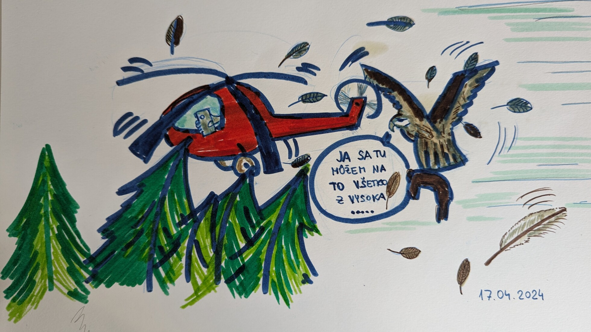 Karikatúra - helikoptéra v chránenej krajinnej oblasti