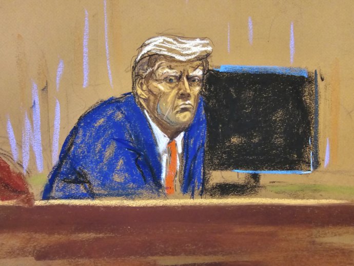 Donald Trump na súde podľa karikaturistu. Foto - TASR/AP
