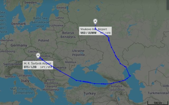 Trasa slovenského vládneho špeciálu do Moskvy. Zdroj - AirNav.Radar