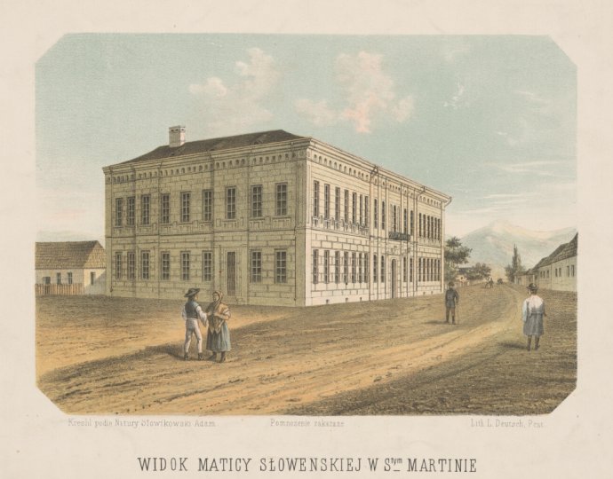 Turócszentmárton, a Matica slovenská épülete. Adam Slowikowski rajza. Forrás - a Szlovák Nemzeti Könyvtár Turócszentmártoni Irodalmi Archívuma/Igor Dobrovolný