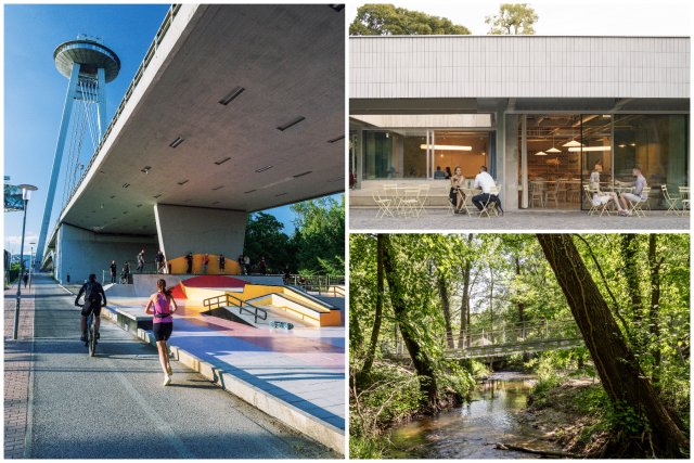 Skatepark Janka Kráľa pod Mostom SNP, SJK Pavilón Kaviareň Ferdinand a Lávka medzi stromami sú nominované na ocenenie CE ZA AR. Foto – Kubo Krížo, Alex Shoots Buildings, Maroš Fečík; koláž – N