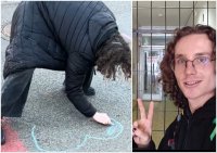 Žiak Michal kreslí modro-žlté srdce pred plánovanou debatou s Robertom Ficom v škole, vpravo je na policajnej stanici. Foto – archív N