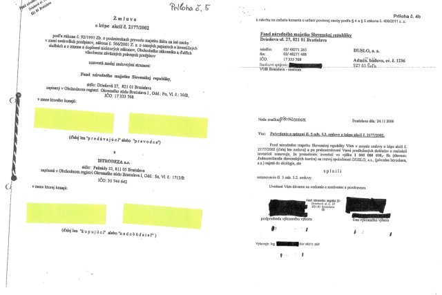 Titulná strana privatizačnej zmluvy (vľavo) a súvisiace potvrdenie Fondu národného majetku vystavené Babišovej firme v roku 2009. Koláž - N